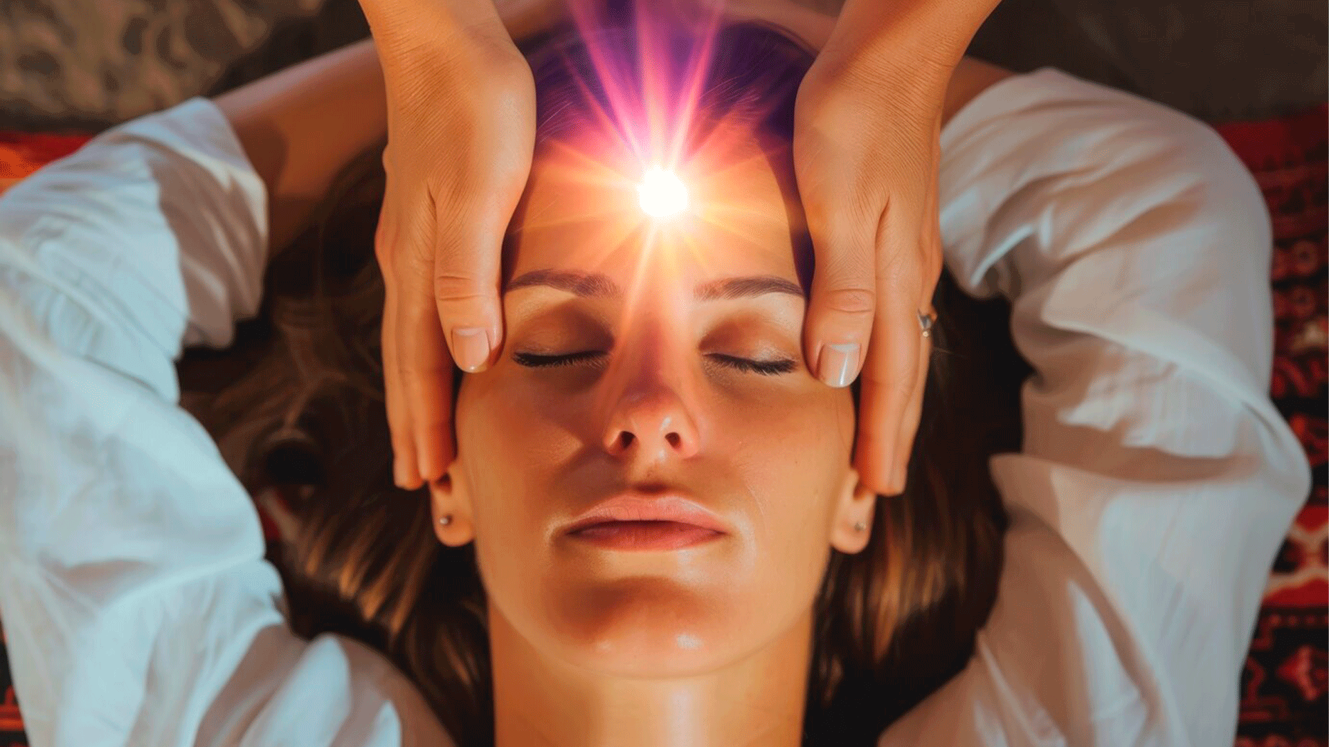 Mujer con luz en la frente recibiendo masaje de PNI