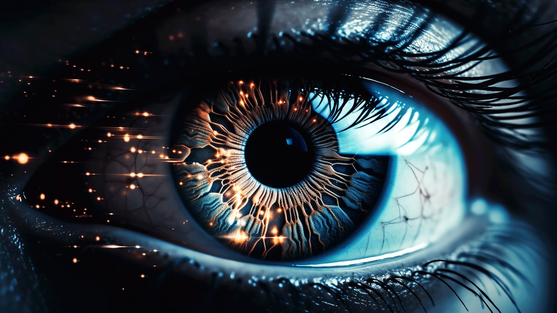 ojo humano azul y negro con luces doradas