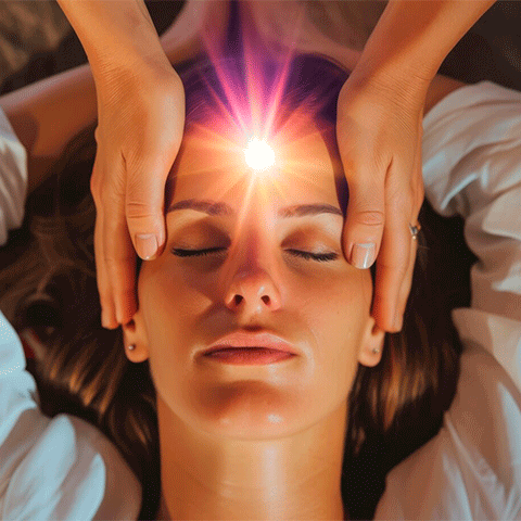 Mujer con luz en la frente recibiendo masaje de PNI