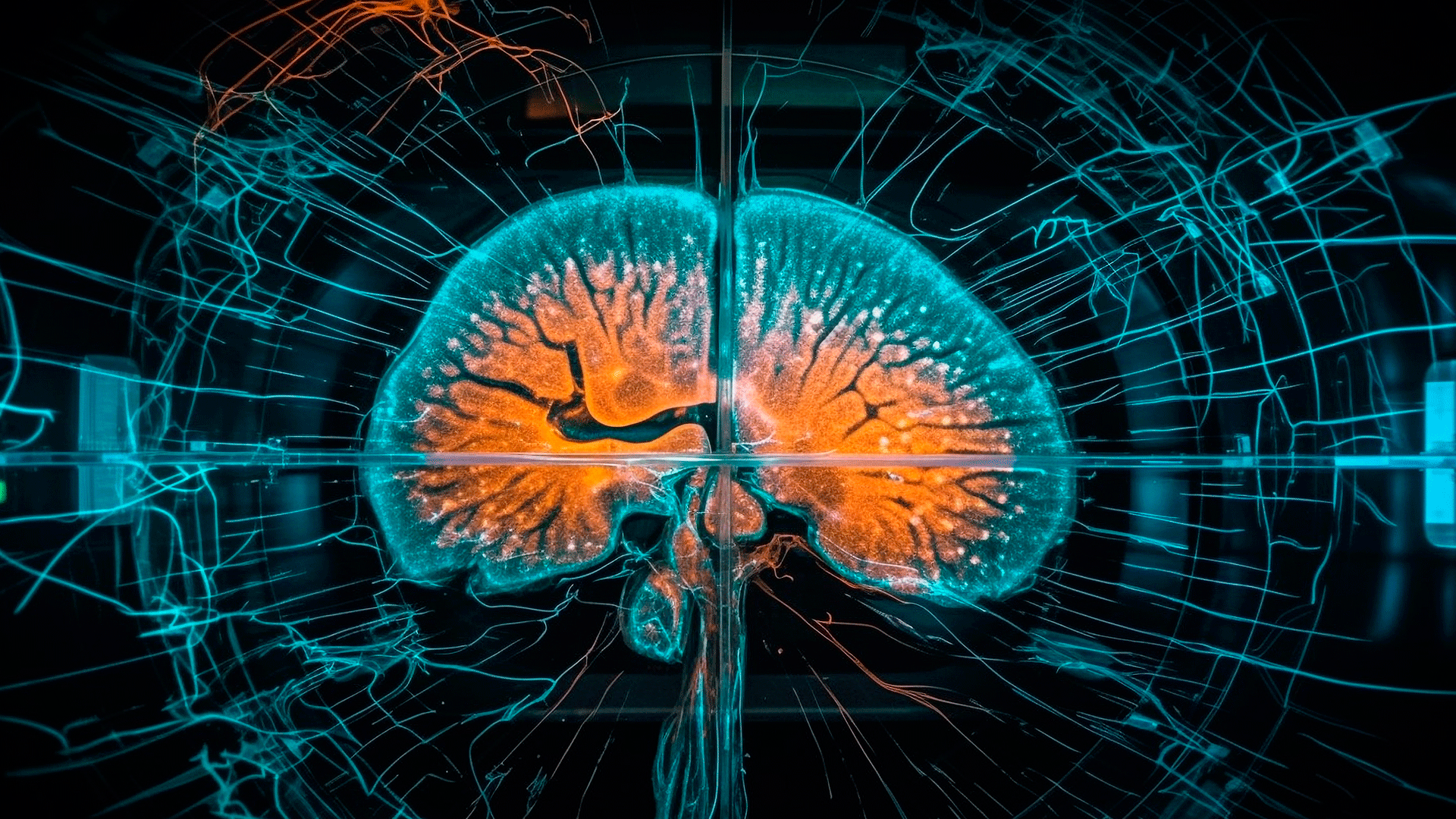 Imagen de Cerebro humano en 3d y sus conexiones nerviosas en colores azul y naranja representando Osteopatía biodinámica en Fernando Arco Centro de Fisioterapia en Almería