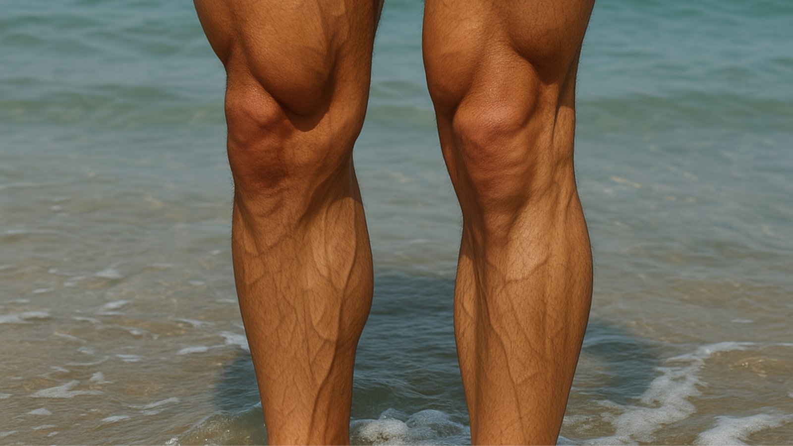 Dolor de Piernas Piernas Cargadas con venas muy marcadas con pies metidos en agua del mar
