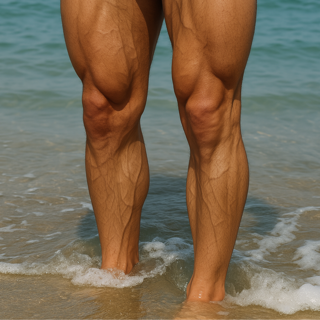 Dolor de Piernas Piernas Cargadas con venas muy marcadas con pies metidos en agua del mar