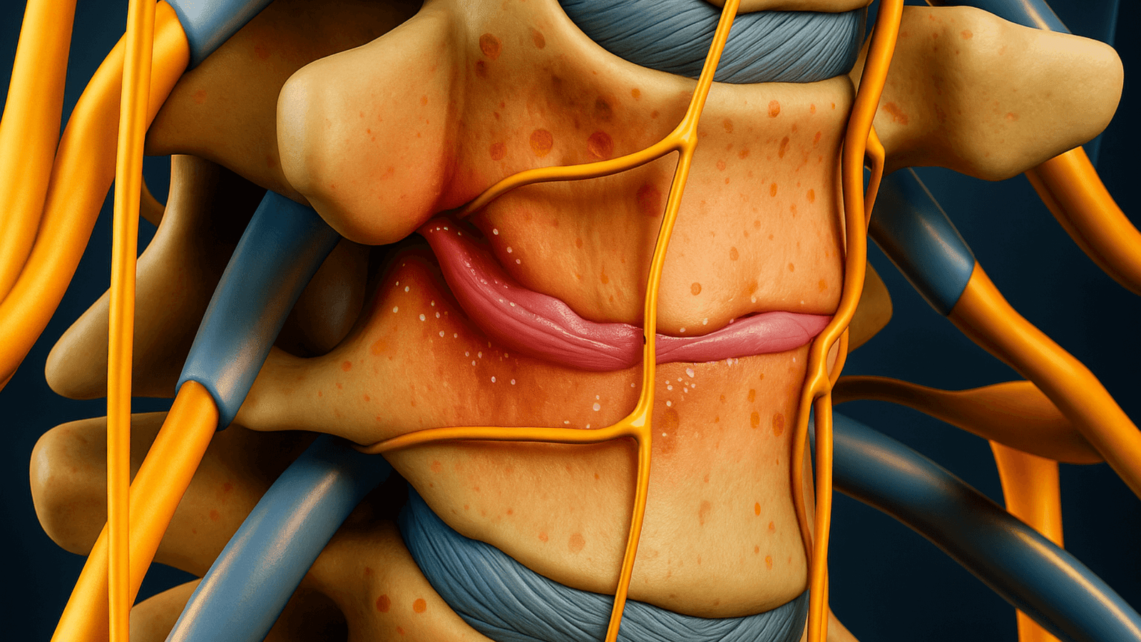 Ilustración médica de una discopatía lumbar con compresión nerviosa y degeneración del disco intervertebral Representación detallada de una discopatía lumbar mostrando compresión nerviosa y degeneración del disco espinal