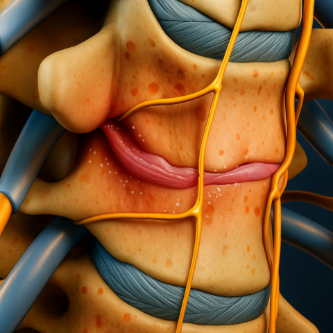 Ilustración médica de una discopatía lumbar con compresión nerviosa y degeneración del disco intervertebral_2 Representación detallada de una discopatía lumbar mostrando compresión nerviosa y degeneración del disco espinal