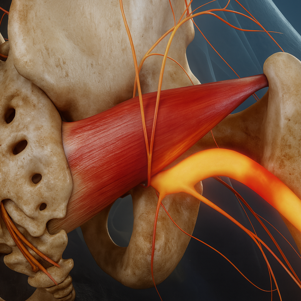 Músculo Piramidal comprimiendo el nervio ciático – Anatomía del síndrome piramidal (2) Ilustración anatómica del músculo piramidal mostrando su relación con el nervio ciático, clave para entender el origen del dolor en glúteo y pierna.