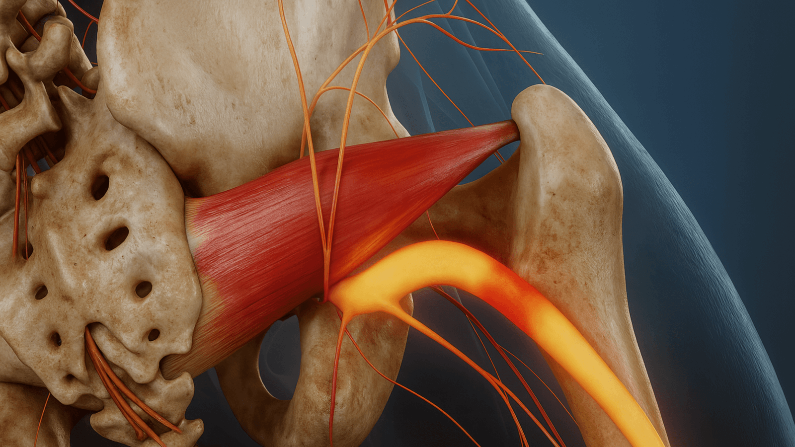 Músculo Piramidal comprimiendo el nervio ciático – Anatomía del síndrome piramidal Ilustración anatómica del músculo piramidal mostrando su relación con el nervio ciático, clave para entender el origen del dolor en glúteo y pierna.