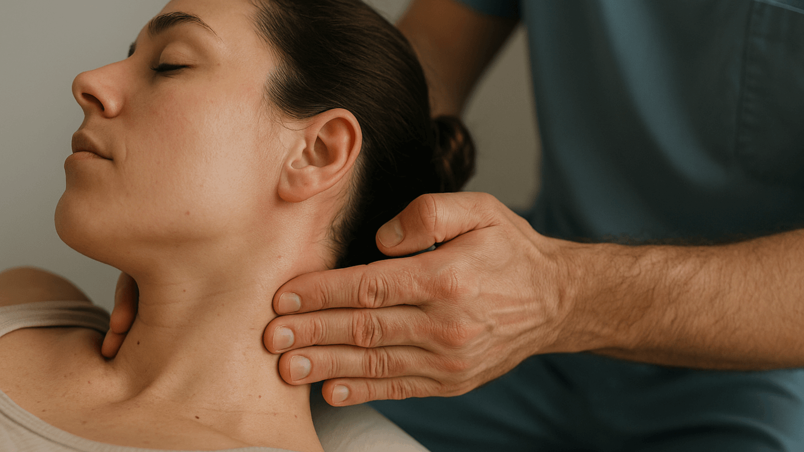 Terapia Manual para el Dolor Cervical en Almería Fisioterapeuta aplicando un masaje terapéutico en el cuello de una paciente en la clínica Fernando Arco Fisioterapia.