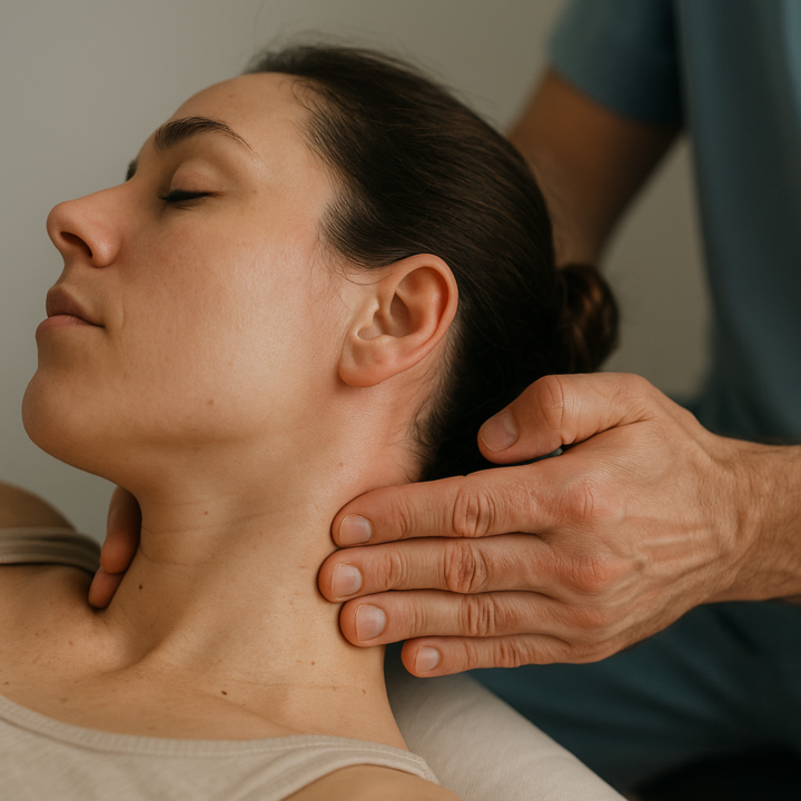 Terapia Manual para el Dolor Cervical en Almería Fisioterapeuta aplicando un masaje terapéutico en el cuello de una paciente en la clínica Fernando Arco Fisioterapia.
