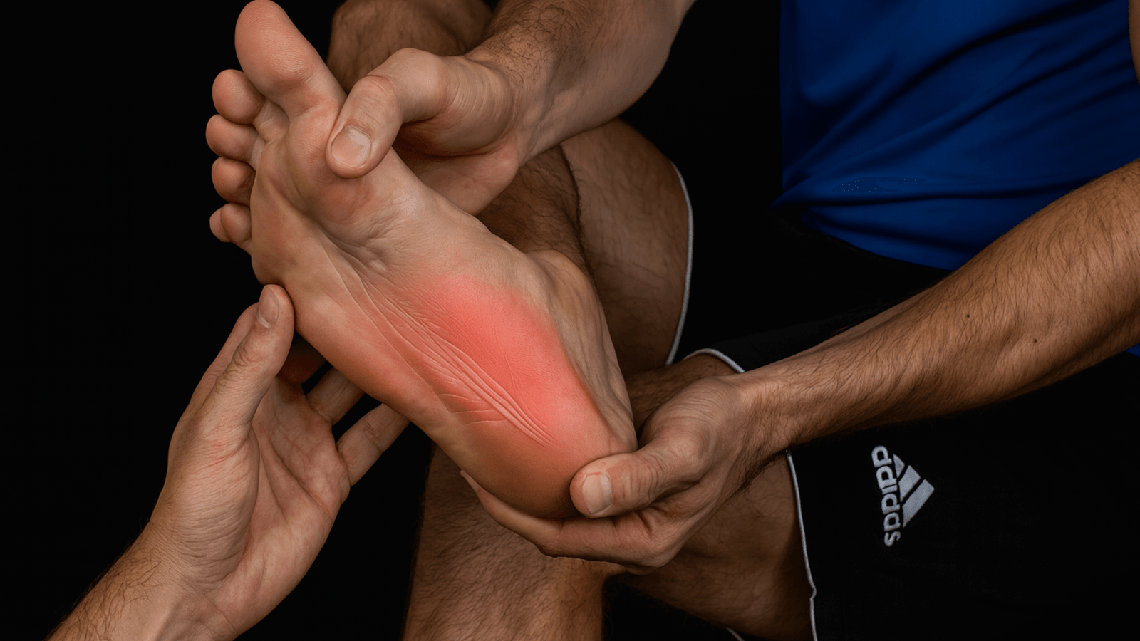 Estiramiento efectivo para la fascia plantar y el espolón calcáneo Primer plano de un estiramiento de la fascia plantar para aliviar el dolor del espolón calcáneo, con la zona de tensión del talón resaltada en rojo.
