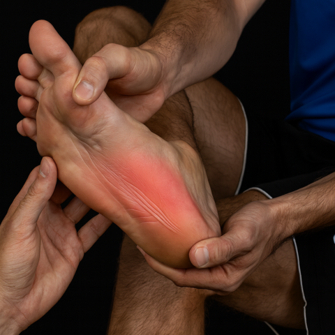 Estiramiento efectivo para la fascia plantar y el espolón calcáneo Primer plano de un estiramiento de la fascia plantar para aliviar el dolor del espolón calcáneo, con la zona de tensión del talón resaltada en rojo.