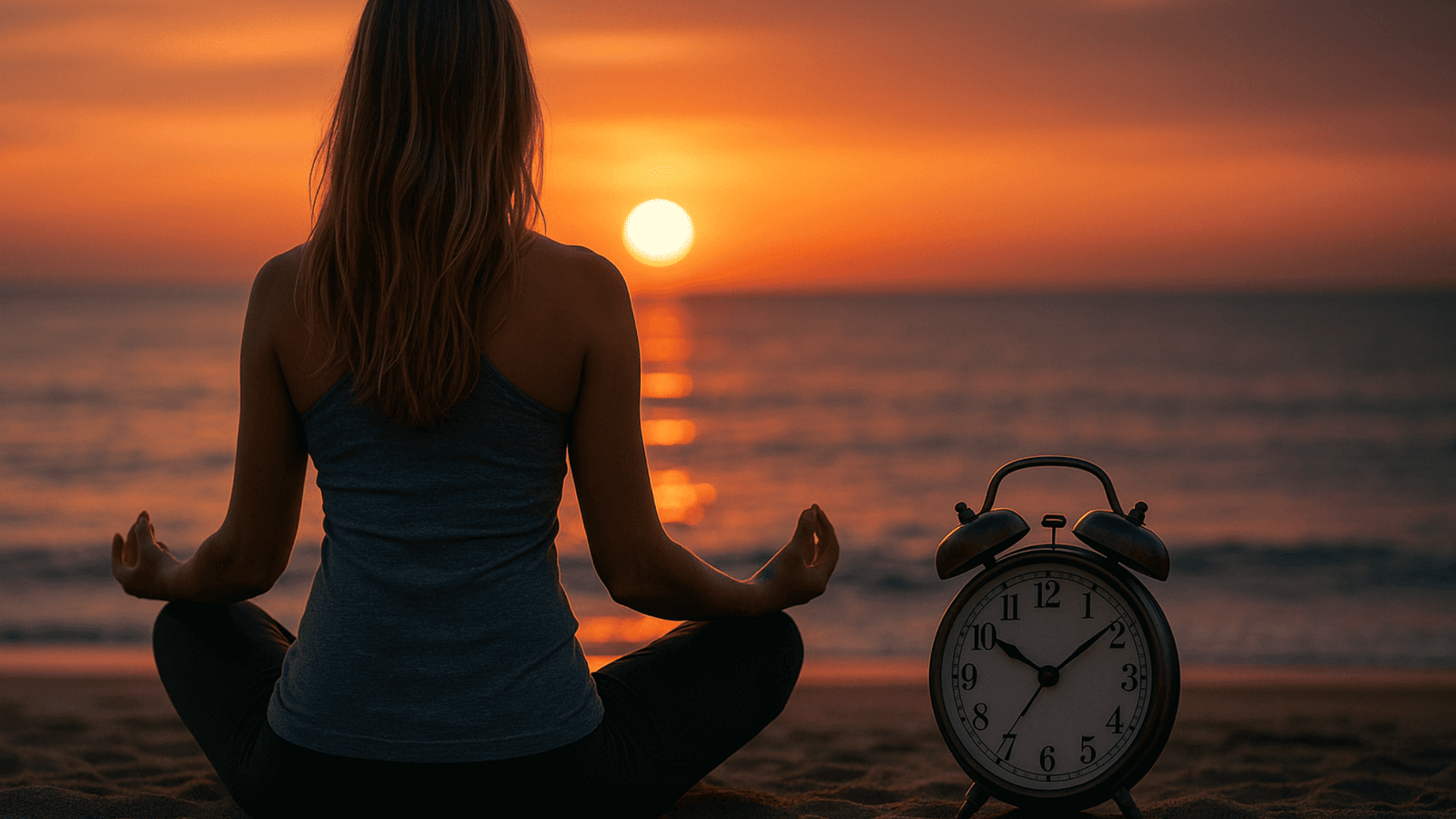 Mujer de espaldas con pelo rubio largo en posición de yoga en la playa, junto a un reloj clásico, frente a una puesta de sol sobre el mar que simboliza el cambio de horario de invierno y sus efectos en la salud