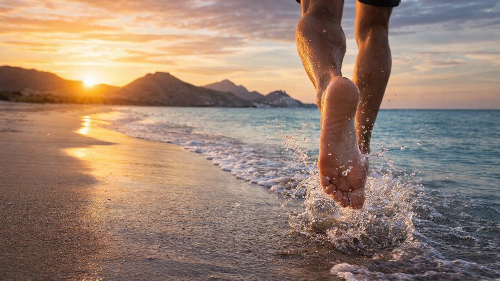 Correr descalzo en la playa en Cabo de Gata al amanecer Persona corriendo descalza por la orilla de la playa en Cabo de Gata al amanecer, con agua salpicando en los pies