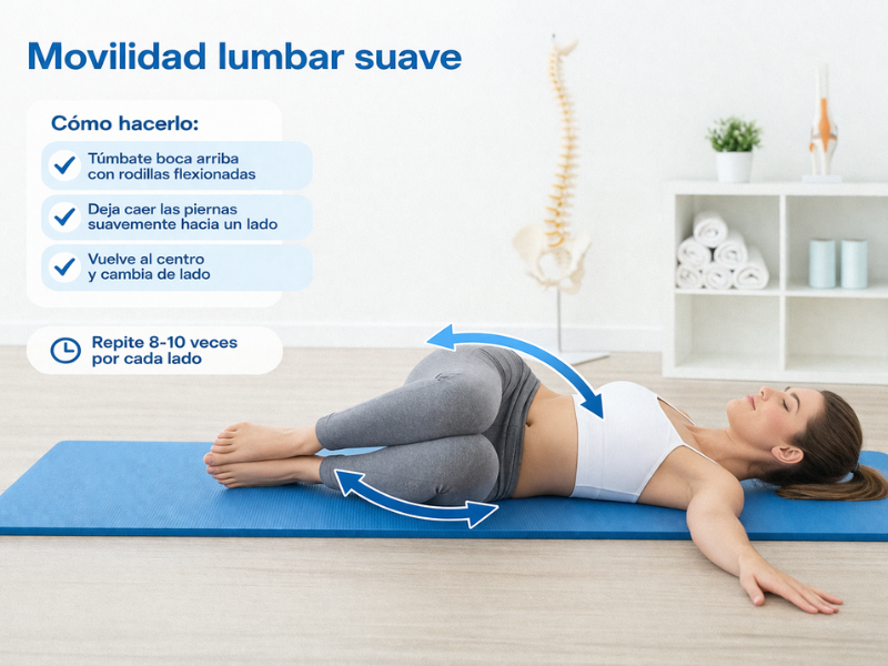 Ejercicio de movilidad lumbar suave para mejorar la flexibilidad de la espalda Persona tumbada boca arriba con rodillas flexionadas dejando caer las piernas hacia un lado para mejorar la movilidad lumbar