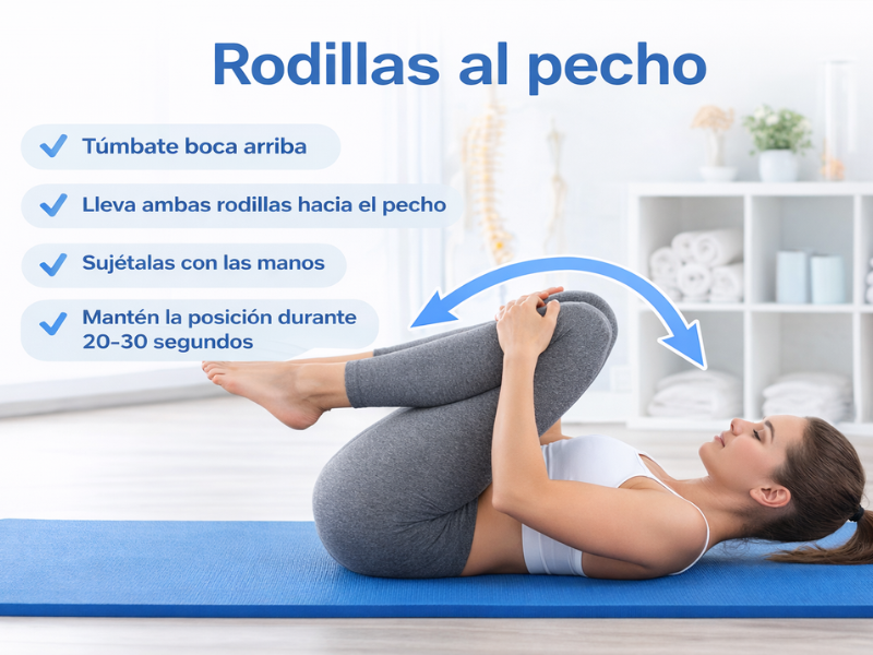 Ejercicio rodillas al pecho para aliviar el dolor lumbar Persona tumbada boca arriba realizando ejercicio de rodillas al pecho para aliviar la tensión en la zona lumbar