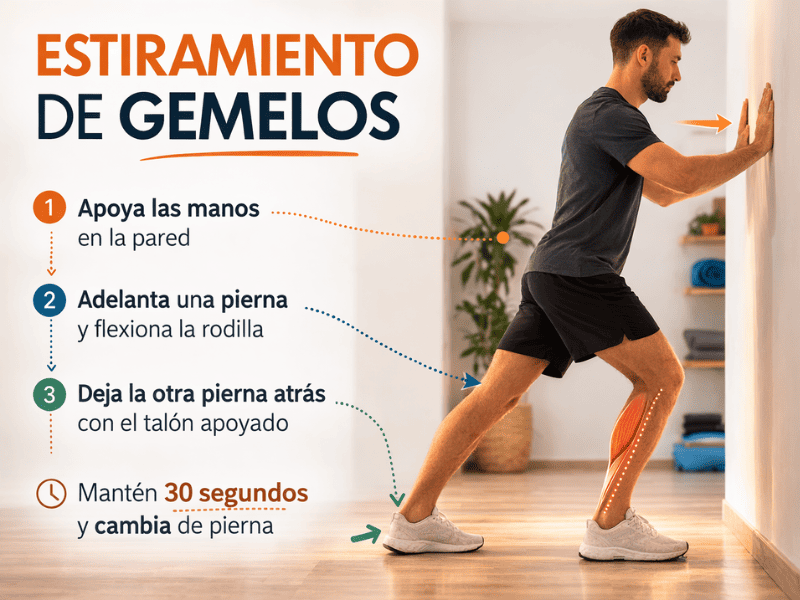 Estiramiento de gemelos apoyando las manos en la pared para aliviar la tensión en las piernas después de caminar mucho