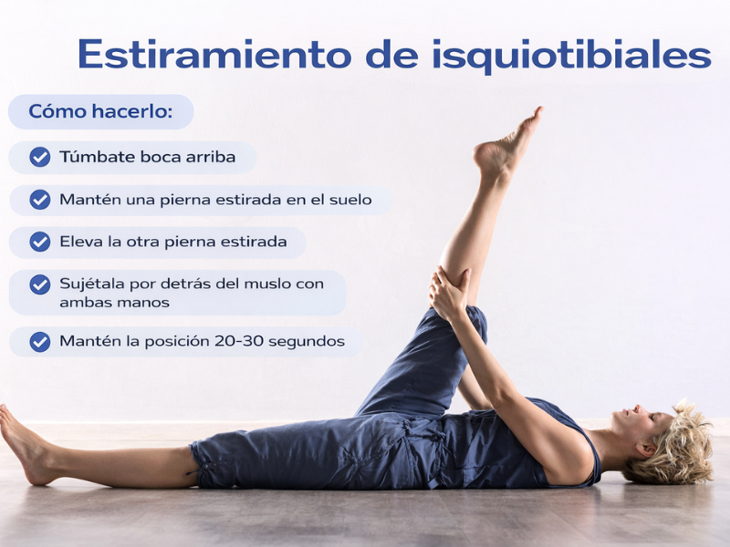 Estiramiento de isquiotibiales para reducir la tensión lumbar Persona tumbada boca arriba con una pierna estirada en el suelo y la otra elevada sujetando el muslo para estirar isquiotibiales