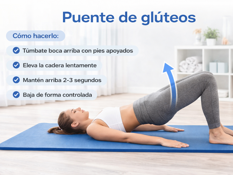 Puente de glúteos para fortalecer la zona lumbar y prevenir el dolor de espalda Persona realizando puente de glúteos elevando la cadera desde el suelo para activar la musculatura lumbar y glúteos