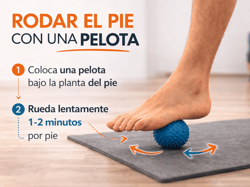 Ejercicio de rodar el pie sobre una pelota para relajar la fascia plantar y aliviar el dolor en la planta del pie