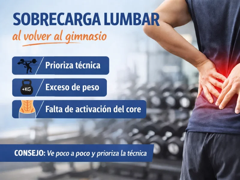 Sobrecarga lumbar al volver al gimnasio en Almería Dolor lumbar por sobrecarga al retomar el gimnasio en primavera en Almería, mala técnica y falta de activación